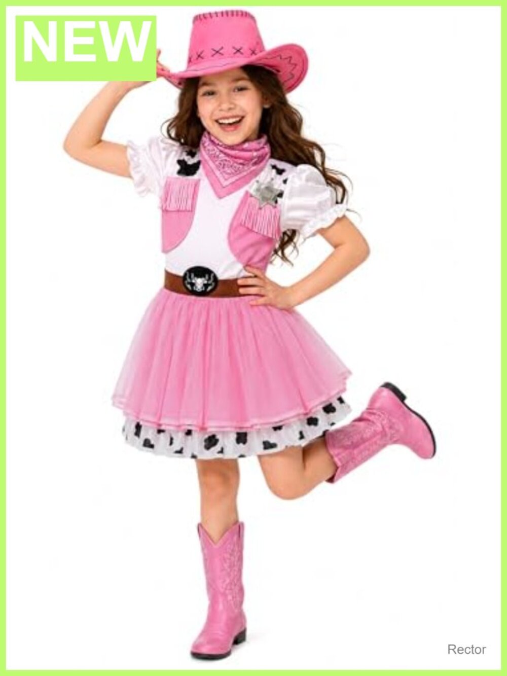 Girls Cowgirl Costume Set Dress Hat Scarf Badge Western Rodeo